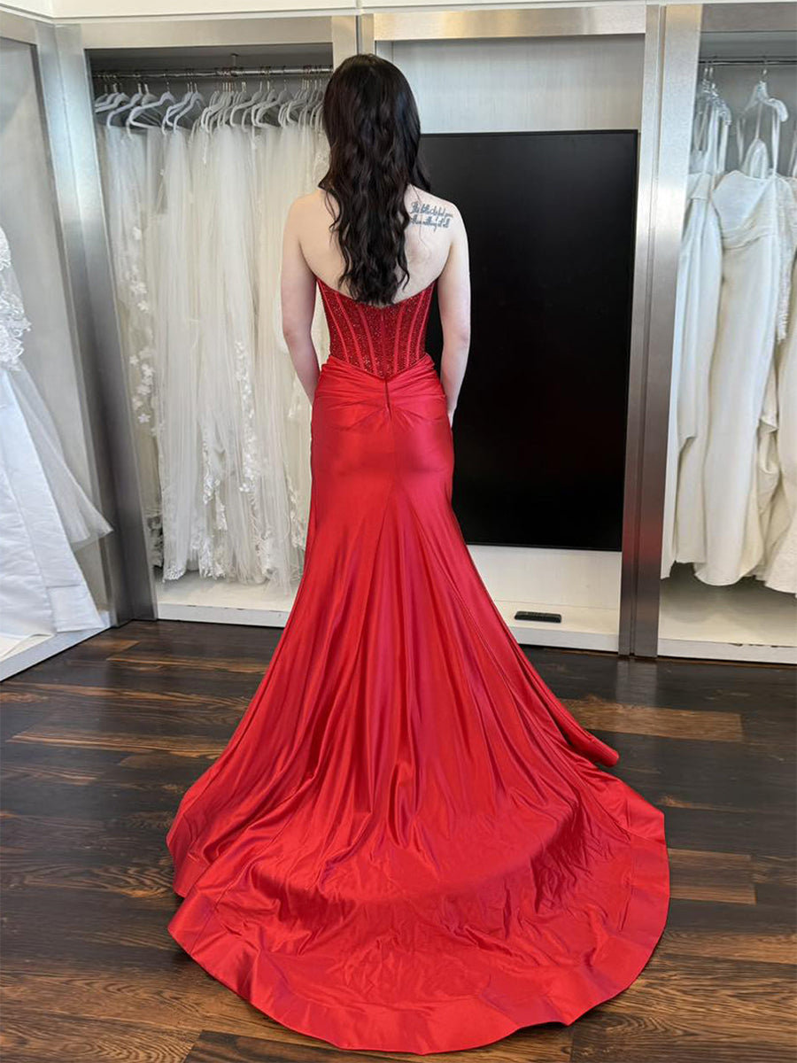 Dreamylily Prom Dress Red Strapless Corset Beaded Bodice Ball Gown with