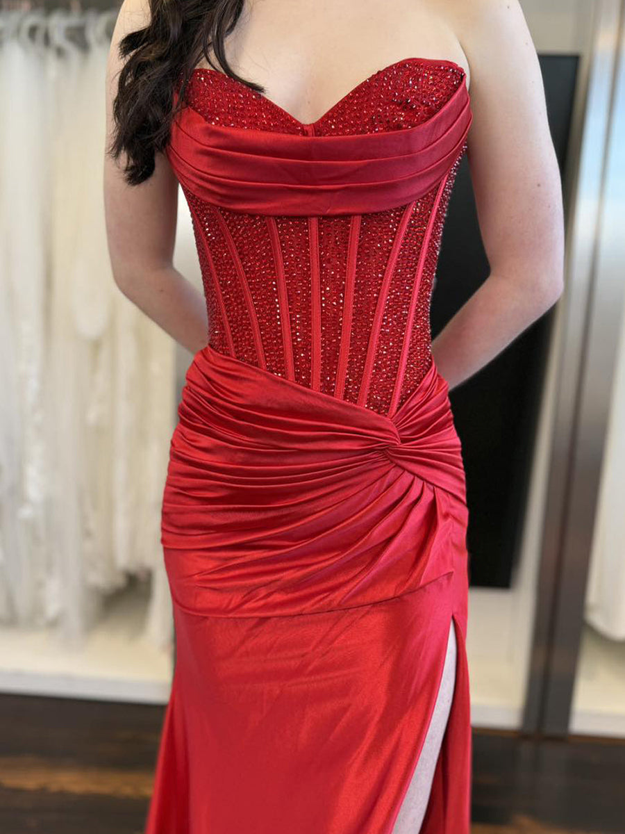 Dreamylily Prom Dress Red Strapless Corset Beaded Bodice Ball Gown with