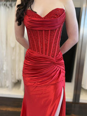 Red Strapless Corset Beaded Bodice Prom Dress with High Slit