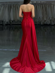Red Strapless Crystal Encrusted Neckline Satin Prom Dress with Draped Slit