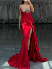 Red Strapless Crystal Encrusted Neckline Satin Prom Dress with Draped Slit