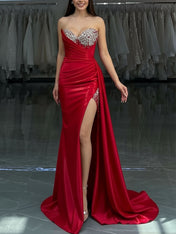 Red Strapless Crystal Encrusted Neckline Satin Prom Dress with Draped Slit