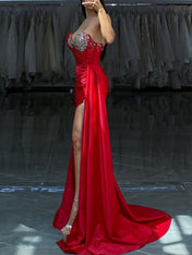Red Strapless Crystal Encrusted Neckline Satin Prom Dress with Draped Slit