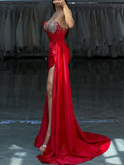 Red Strapless Crystal Encrusted Neckline Satin Prom Dress with Draped Slit
