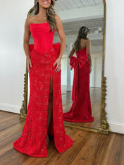 Red Strapless Satin Corset Lace Prom Dress with Oversized Bow