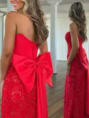 Red Strapless Satin Corset Lace Prom Dress with Oversized Bow