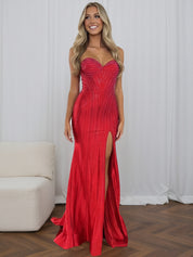 Red Strapless Sequin Long Prom Dress with Linear Beading