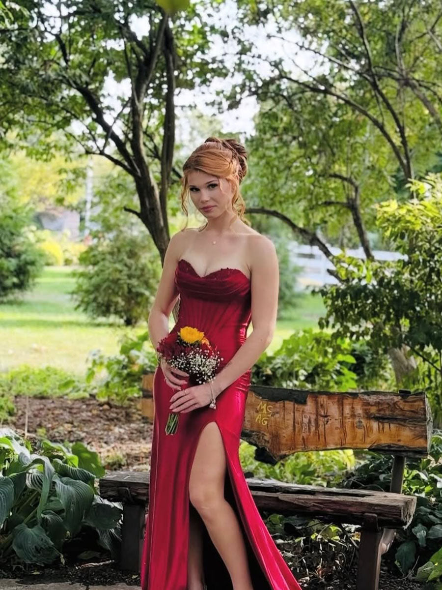 Red Strapless Sweetheart Satin Long Prom Dress with Slit
