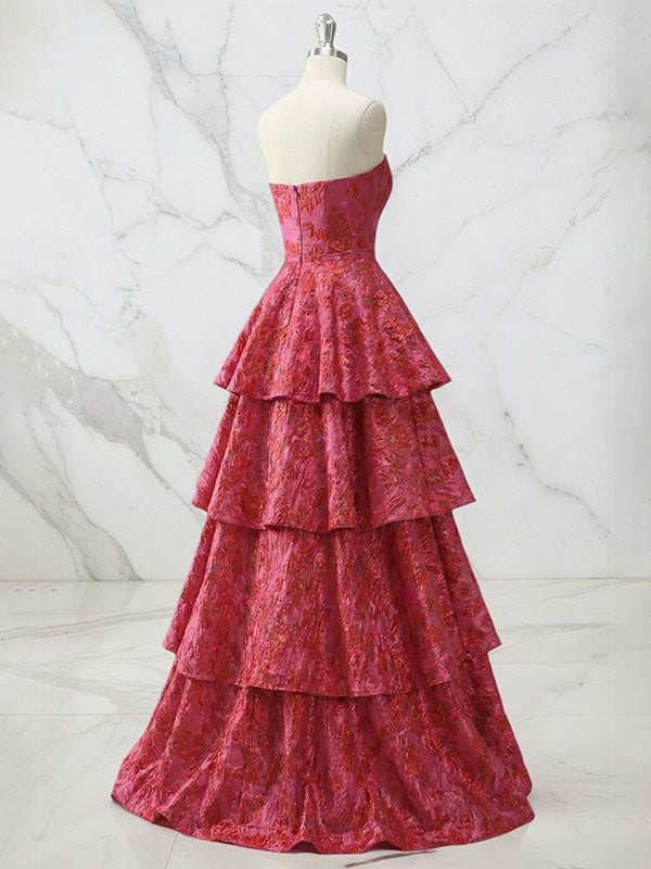 Red Tiered Brocade Prom Dress with Shimmering Floral Texture