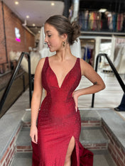 Red V-Neck Side Cutouts Prom Dress with High Slit