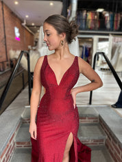 Red V-Neck Side Cutouts Prom Dress with High Slit
