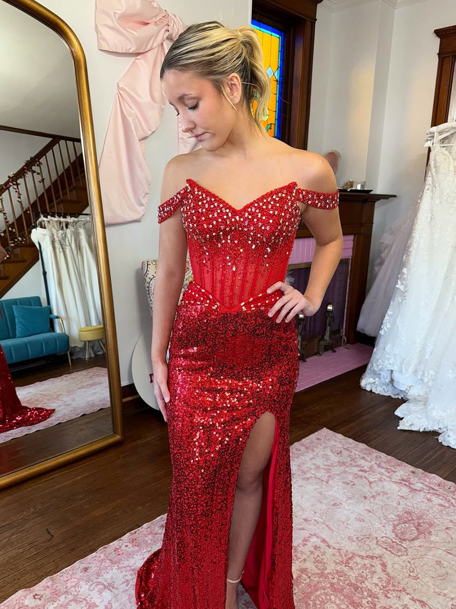 Red Velvet Off-the-Shoulder Prom Dress with Ruched Bodice