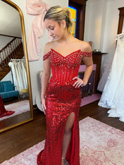 Red Velvet Off-the-Shoulder Prom Dress with Ruched Bodice