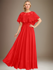 A-line Boat Neck Floor-Length Lace Chiffon Mother of the Bride Dress With Applique Sequins