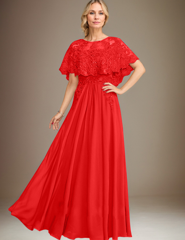 A-line Boat Neck Floor-Length Lace Chiffon Mother of the Bride Dress With Applique Sequins