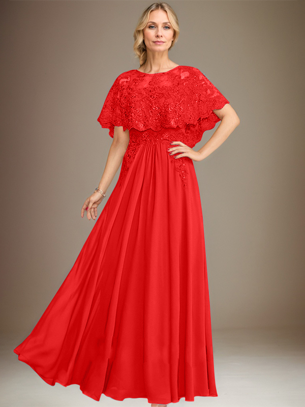 A-line Boat Neck Floor-Length Lace Chiffon Mother of the Bride Dress With Applique Sequins