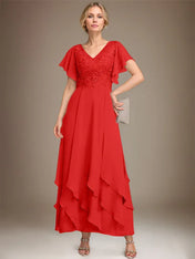 A-line V-Neck Ankle-Length Lace Chiffon Mother of the Bride Dress With Cascading Ruffles