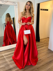 Red A Line Strapless Sweetheart Satin Long Prom Dress with Slit