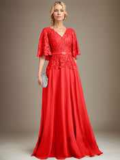 A-line V-Neck Floor-Length Chiffon Lace Mother of the Bride Dress With Crystal Brooch Rhinestone