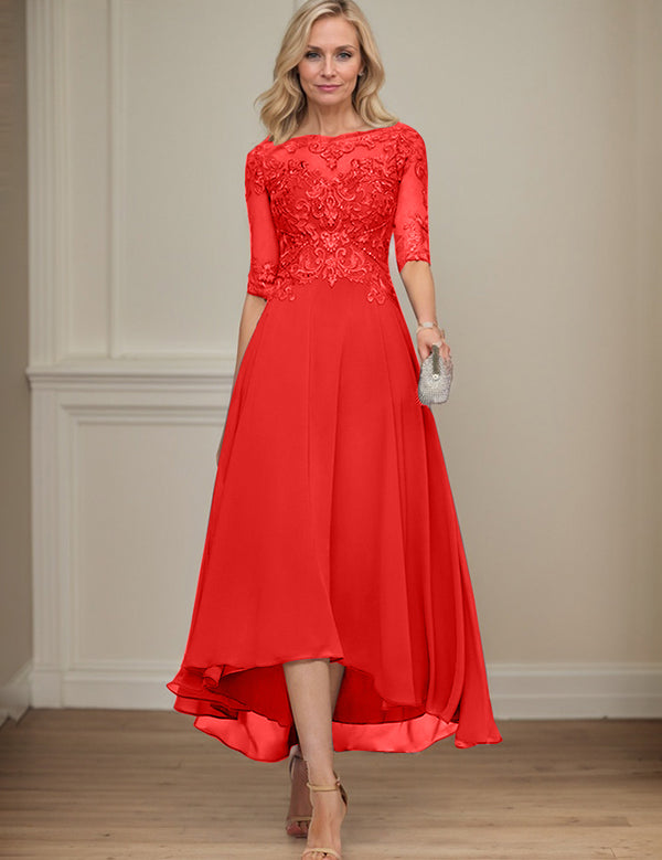 A-line Boat Neck Illusion Asymmetrical Chiffon Lace Mother of the Bride Dress With Sequins Beading