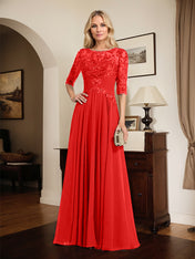 A-line Scoop Illusion Floor-Length Chiffon Lace Mother of the Bride Dress With Pleated Sequins