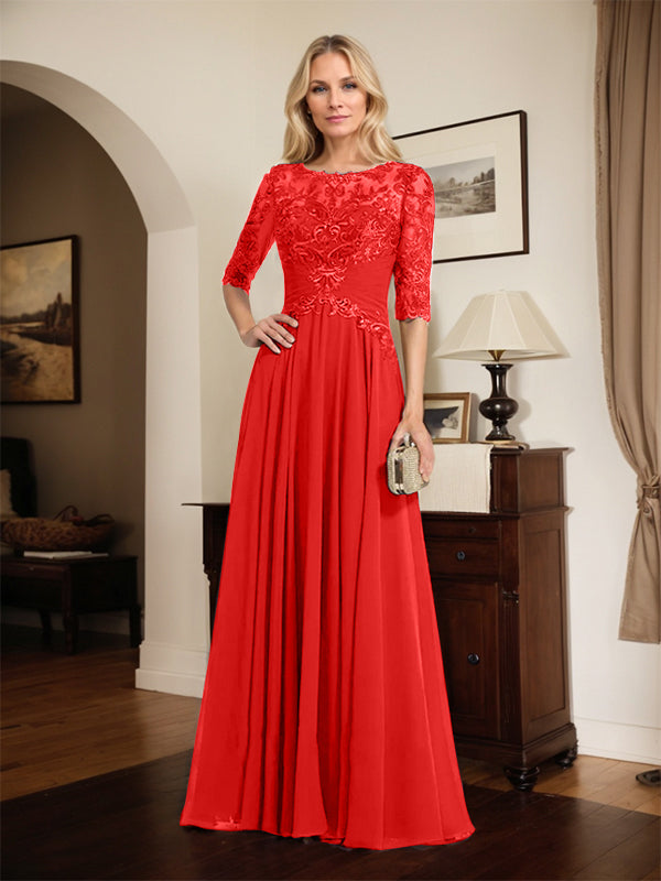 A-line Scoop Illusion Floor-Length Chiffon Lace Mother of the Bride Dress With Pleated Sequins