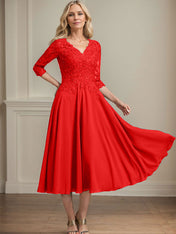 A-line V-Neck Tea-Length Chiffon Lace Mother of the Bride Dress With Beading Sequins