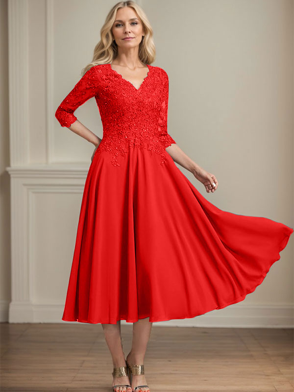 A-line V-Neck Tea-Length Chiffon Lace Mother of the Bride Dress With Beading Sequins