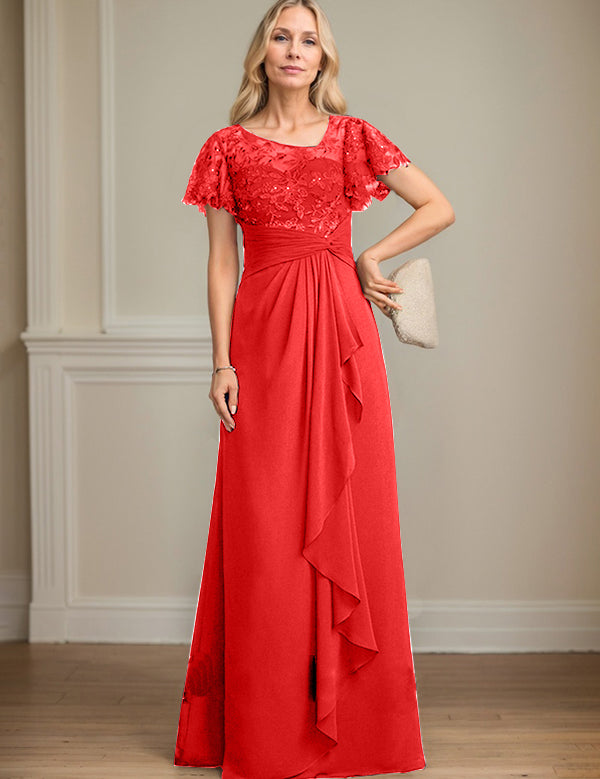 A-line Asymmetrical Illusion Floor-Length Lace Chiffon Mother of the Bride Dress With Cascading Ruffles Sequins