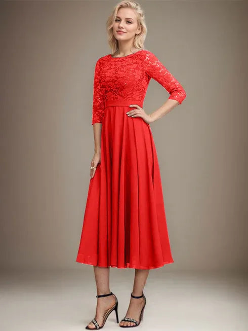 A-line Scoop Tea-Length Lace Chiffon Mother of the Bride Dress With Sequins