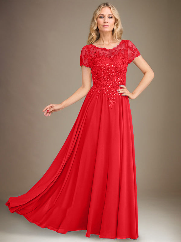 A-Line Scoop Floor-Length Chiffon Mother of the Bride Dress With Applique & Sequins
