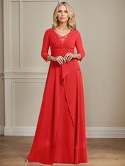 A-line V-Neck Floor-Length Chiffon Mother of the Bride Dress With Pleated Beading