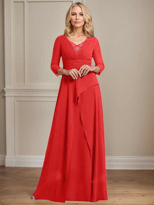A-line V-Neck Floor-Length Chiffon Mother of the Bride Dress With Pleated Beading