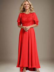A-line Scoop Illusion Asymmetrical Chiffon Lace Mother of the Bride Dress With Beading