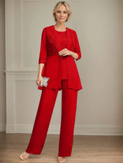 Jumpsuit/Pantsuit Separates Scoop Floor-Length Chiffon Lace Mother of the Bride Dress With Sequins