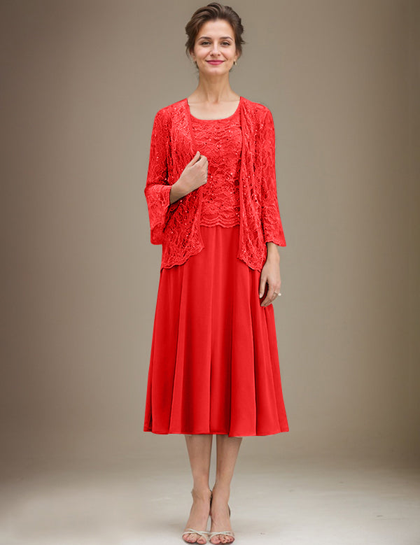 A-line Scoop Tea-Length Lace Chiffon Mother of the Bride Dress With Sequins