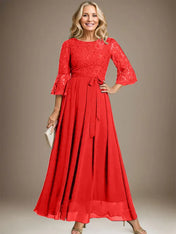 A-line Scoop Ankle-Length Lace Chiffon Mother of the Bride Dress With Bow