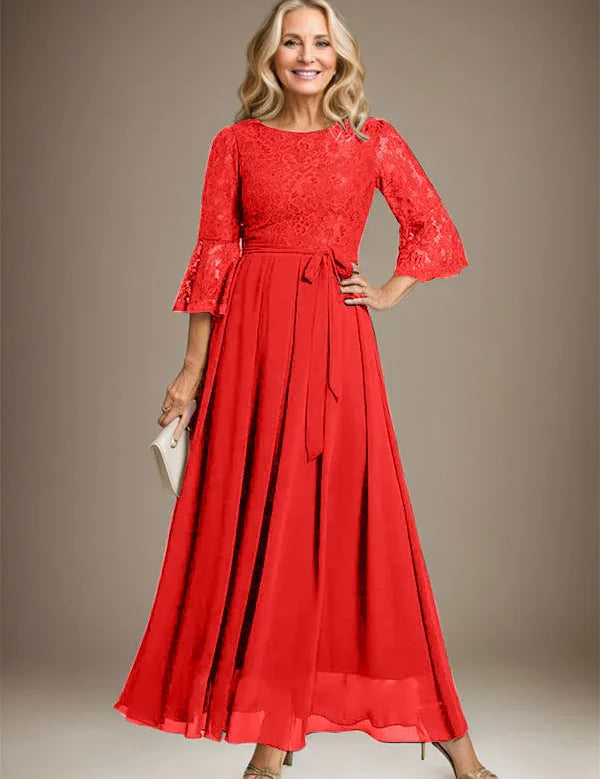 A-line Scoop Ankle-Length Lace Chiffon Mother of the Bride Dress With Bow