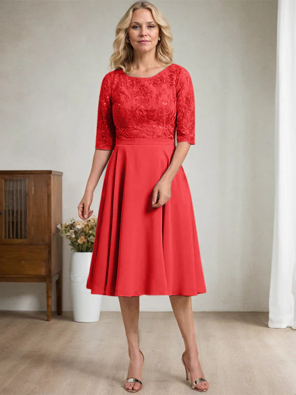 A-line Scoop Knee-Length Lace Chiffon Mother of the Bride Dress