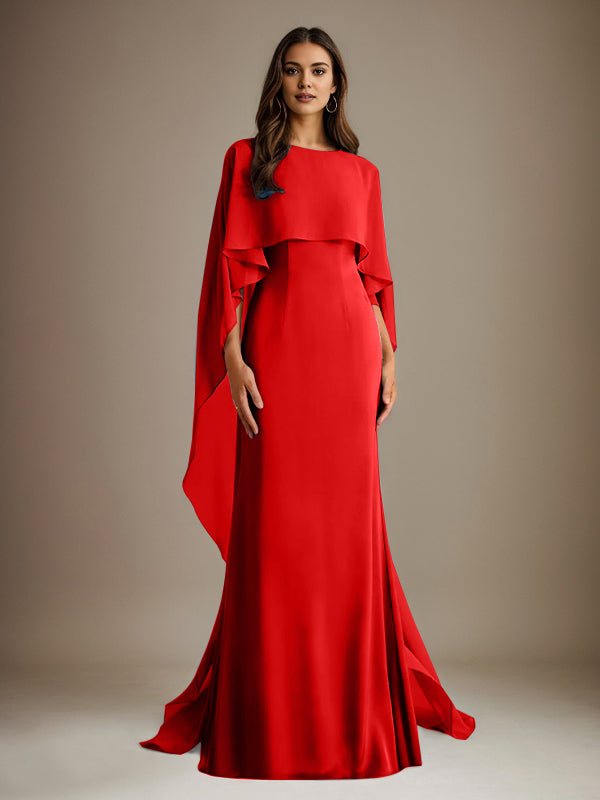 Robe de mère de la mariée en mousseline, coupe fourreau/colonne, col bateau, longueur ras du sol, avec volants en cascade 