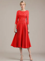 A-line Scoop Tea-Length Lace Chiffon Mother of the Bride Dress