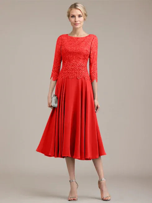 A-line Scoop Tea-Length Lace Chiffon Mother of the Bride Dress