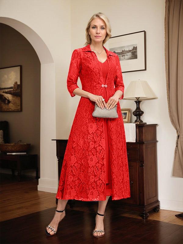 A-line V-Neck Tea-Length Chiffon Mother of the Bride Dress