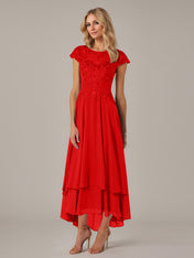 A-line Boat Neck Illusion Asymmetrical Chiffon Lace Mother of the Bride Dress With Applique Pleats