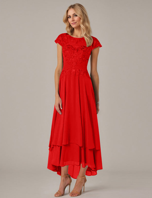 A-line Boat Neck Illusion Asymmetrical Chiffon Lace Mother of the Bride Dress With Applique Pleats
