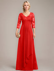 A-line V-Neck Floor-Length Lace Chiffon Mother of the Bride Dress With Cascading Ruffles Sequins