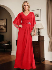Sheath/Column V-Neck Floor-Length Chiffon Mother of the Bride Dress With Pleated Sequins Beading
