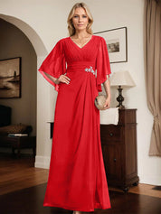 Robe de mère de la mariée fourreau/colonne, col en V, longueur au sol, en mousseline, avec paillettes plissées et perles 