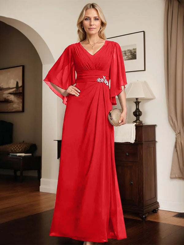 Robe de mère de la mariée fourreau/colonne, col en V, longueur au sol, en mousseline, avec paillettes plissées et perles 