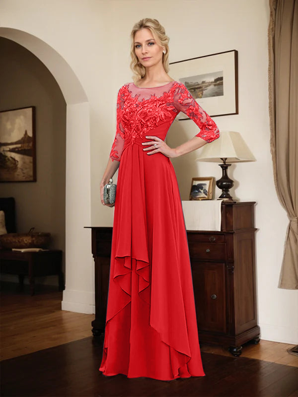 A-line Scoop Illusion Floor-Length Lace Chiffon Mother of the Bride Dress With Cascading Ruffles